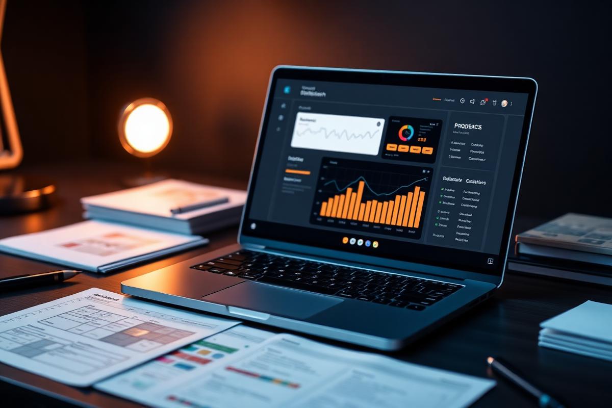 Web design workspace with a business website dashboard layout on a laptop